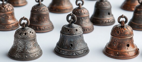 Collection of ornate, antique-style bells in copper tones, arranged on a white surface.