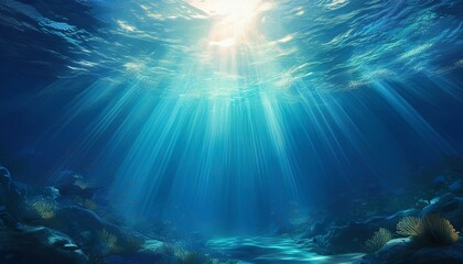 underwater blue background in ocean with sunbeams