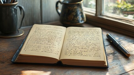 Obraz premium Open antique journal with handwritten notes, pen, and vintage containers on wooden windowsill.