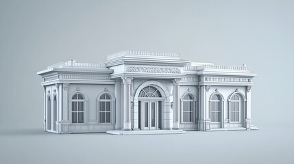 Fototapeta premium 3D render of a classic, white, single-story house with columns and arched windows.