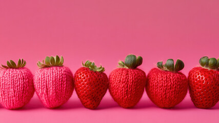 Row of red strawberry fruits made from yarn wool material on pink color background with copy space