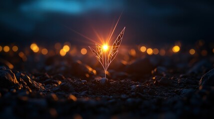 A glowing plant emerges from a dark, rocky landscape, symbolizing hope and new beginnings against a backdrop of soft, warm lights.