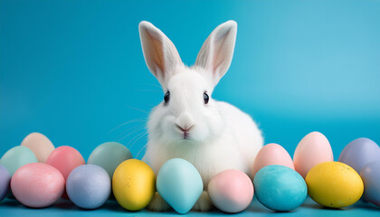 a lovely white rabbit sitting amongst pastel colored easter eggs on a mild blue historical past symbolizing the easter vacation