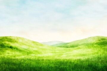 Obraz premium Vibrant Watercolor Landscape of Rolling Hills and Lush Meadows in Idyllic Rural Setting