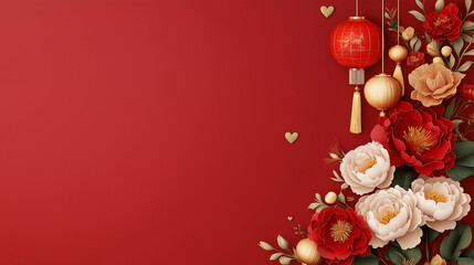 Obraz premium Chinese New Year greeting cards Spring Festival decorations Traditional celebration materials Decorative deep, rich red ,pink color for festive occasions The cherry plum blossom or mei hua red peon