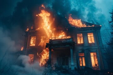 Burning house with intense flames and smoke during a fire disaster. The building on fire.