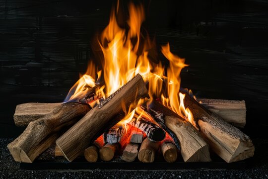 Campfire with burning wooden logs and bright flames at night surrounded by stones. - Powered by Adobe