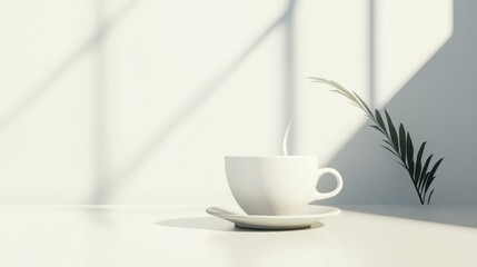 Fototapeta premium Minimalist Coffee Cup on White Table in Sunlight