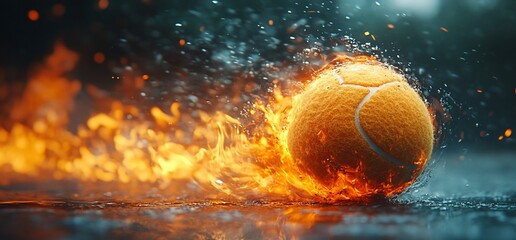 Flaming tennis ball rolling on wet ground, sparks and water splashing.