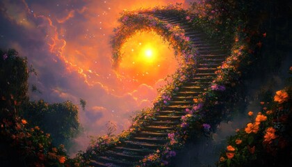 Floral stairway to heaven, sunset cloudscape, fantasy art