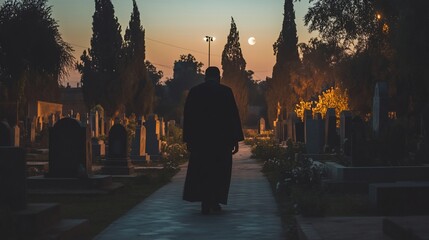 Obraz premium Silhouetted figure walking through a graveyard at twilight.
