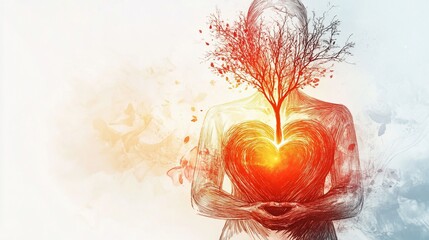 Abstract artwork of a person with a tree growing from their chest, holding a glowing heart.