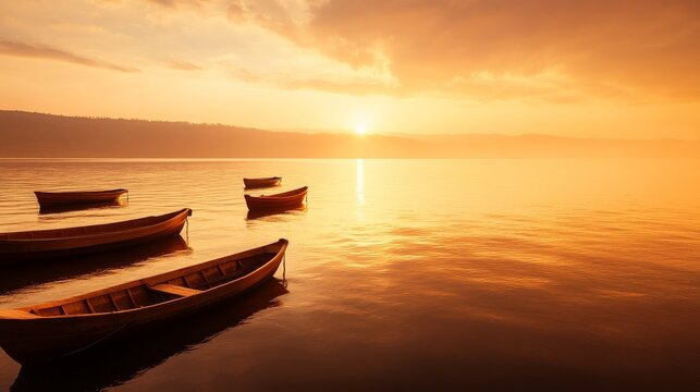 Soft sunlight reflects on calm water as Jesus calls a disciple along the shore, surrounded by fishermen's boats at sunset, evoking a moment of serenity