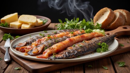 A plate of food and a knife on a wooden table. The dish consists of five long pieces of fish with herbs and sauce. There is also bread and cheese on the table.