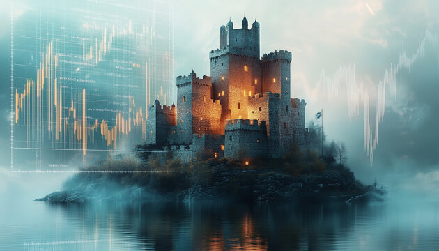 impressive mideavel castle with a moat and overlay of price charts
