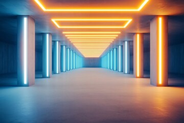 Fototapeta premium Futuristic Architectural Corridor with Vibrant Neon Lighting and Geometric Patterns