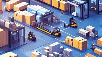 Obraz premium A large logistics hub with forklifts moving products for packaging and distribution.