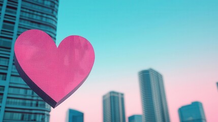 A futuristic financial district with heartshaped architectural accents, Valentines urban finance, market love, city charm