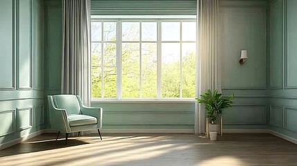 Fototapeta premium Serene Green Room with Sunlight and Comfortable Chair