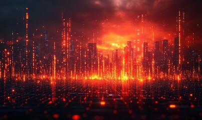 Fototapeta premium A futuristic cityscape with glowing data streams and a fiery sky, evoking a digital landscape.