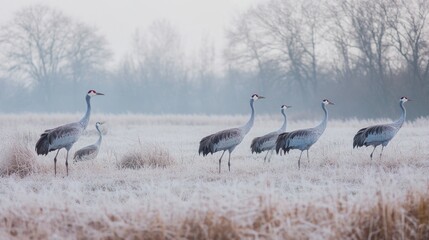 Obraz premium Cranes in a Frosted Meadow