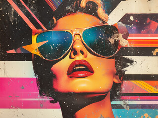 Vibrant pop art collage of woman wearing oversized colorful sunglasses. Neon tones, abstract patterns and bold brushstrokes create energetic retro vibe reminiscent of 80s disco culture