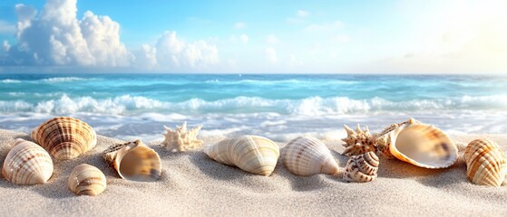 Seashells on sandy beach, ocean waves, sunny sky. Vacation background