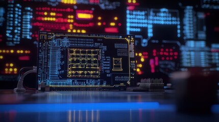 Obraz premium Close-up of a computer circuit board with colorful LED lights in the background, showcasing technology's intricate design and functionality.