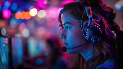 Fototapeta premium Focused female gamer wearing headset plays video game in vibrant esports arena.