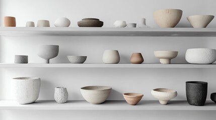 Minimalist ceramic bowls on white shelves.