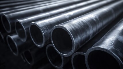 Fototapeta premium Close-up of Shiny Black Pipes Stacked Together