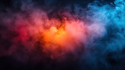 Colorful smoke clouds illuminated with red and blue hues on a dark background.