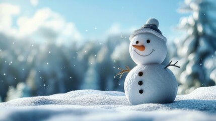 Cheerful snowman with a blue hat in a snowy landscape, radiating a joyful winter spirit.