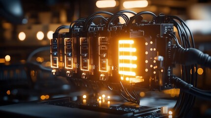 Futuristic server room with glowing processors and advanced technology components, highlighting data processing and digital innovation.