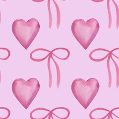 Romantic pattern of pink hearts and delicate bows arranged in a repeating design. Watercolor clipart of loving feel, making it perfect for Valentine Day cards, gift wrapping, or charming decorations.