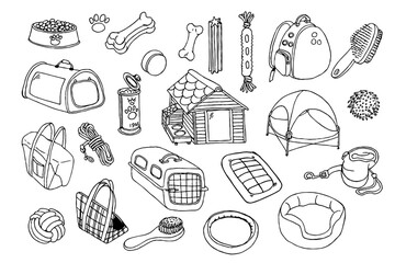 Pet, veterinary shop supplies. Food, toys, bed, cushions, transport bags, house, lead. Hand drawn vector isolated set.
