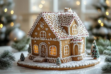 festive holiday gingerbread house intricately decorated christmas cookie creation with bokeh light background