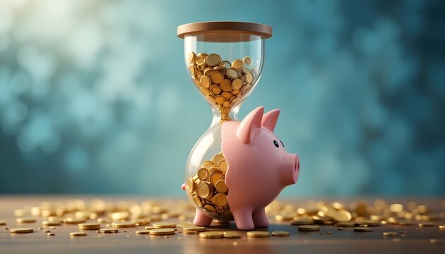 Innovative piggy bank concept showcasing savings, investment, and business growth with an hourglass symbol of time and wealth accumulation. - Powered by Adobe
