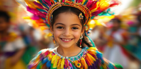 Fototapeta premium A young girl dressed in a colorful traditional costume beams with joy at a cultural festival. Surrounding her are other participants also dressed festively.