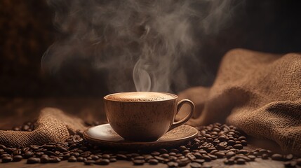 Steaming cup of coffee on burlap background.