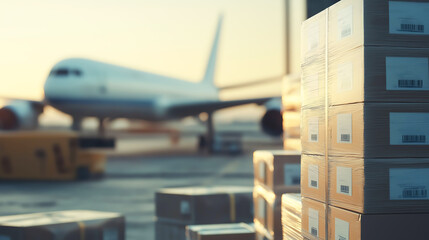 Stack of product boxes for global shipping and logistics with blurred airplane on background
