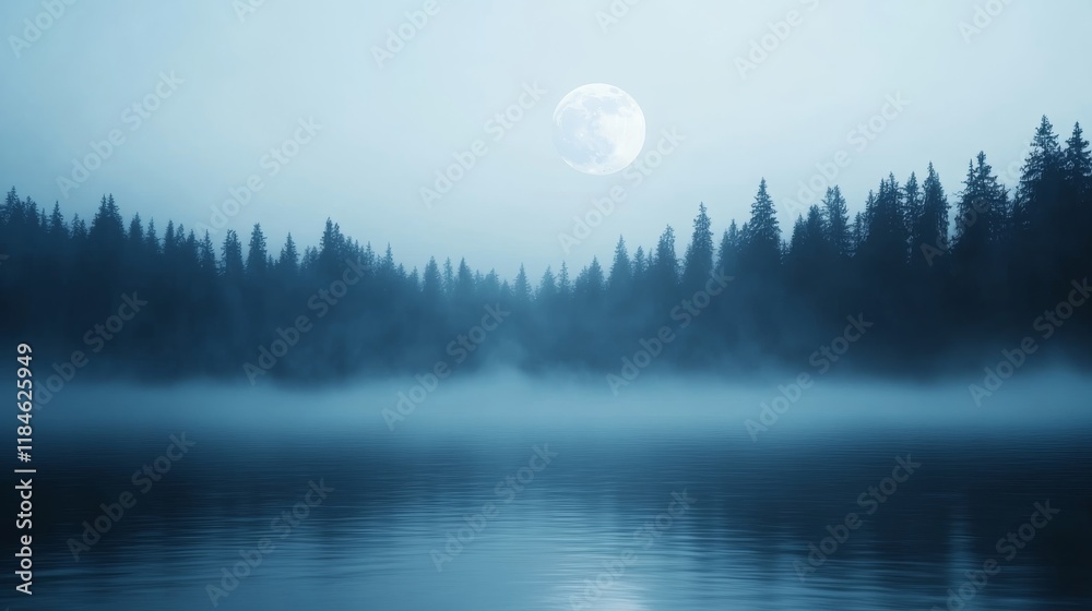 Poster a luminous full moon illuminates a calm lake, surrounded by dark trees and shrouded in soft fog, cre