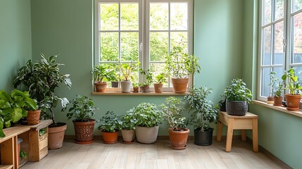 Obraz premium Green Room Filled With Potted Plants Near Window