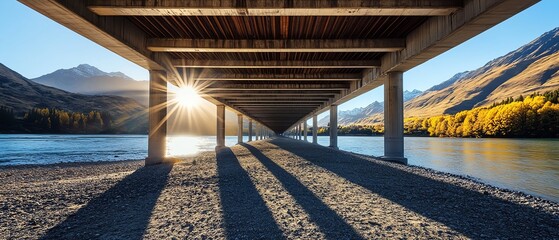 Fototapeta premium Sunlight glimmers under bridge in serene landscape.