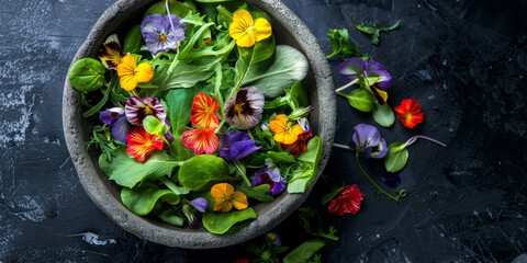 Green fresh salad mix with edible flowers in a concrete bowl on a dark gray table. Top view.