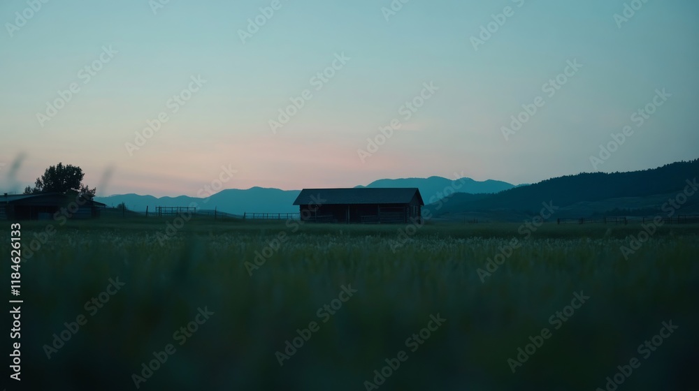 Aufkleber solitary rustic house nestled in a lush green meadow during dusk, with rolling hills in the backgrou
