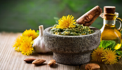 healthful dandelion pesto with almonds garlic olive oil and parmesan cheese in a stone mortar