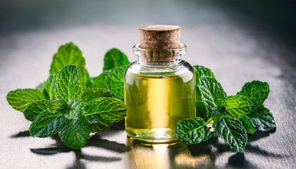 glass bottle of peppermint vital oil with clean green mint leaves mint oil