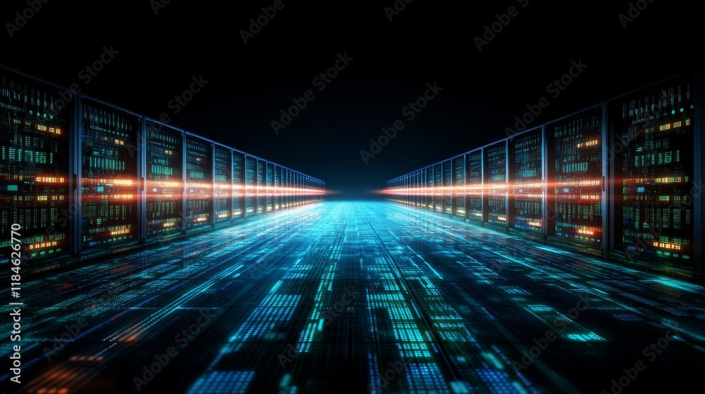 Poster neon green and blue waves of data traverse a high-tech digital grid, contrasting sharply with a blac