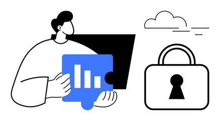 Person holding data graph puzzle piece toward a large padlock under a cloud. Ideal for data security, encryption, cybersecurity, cloud storage, technological innovation, data analysis, privacy